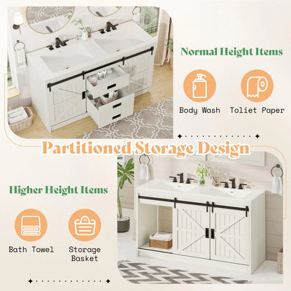 Merluxy 61" Farmhouse Double Bathroom Vanity with Sink Combo, Dual Basin Bathroom Storage Cabinet, Large Double Bath Vanity Sink Set, Rustic White