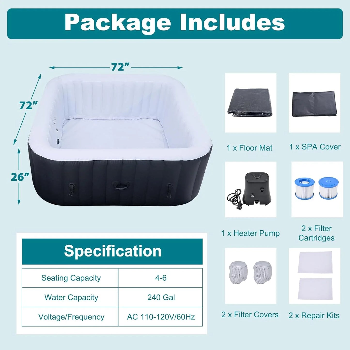 73" X 73" X 25" Inflatable Hot Tub for 4-6 Person Square, 240 Gallon Large Portable Hottub Spa with 130 Bubble Air Jets, Blow Up Spa Bathtub with LED Control Panel, 2 Filter, Temperature up to 104��F
