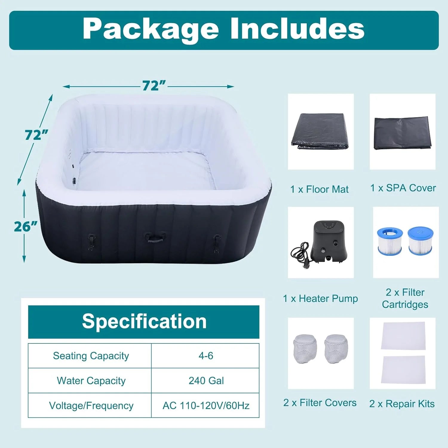 73" X 73" X 25" Inflatable Hot Tub for 4-6 Person Square, 240 Gallon Large Portable Hottub Spa with 130 Bubble Air Jets, Blow Up Spa Bathtub with LED Control Panel, 2 Filter, Temperature up to 104��F