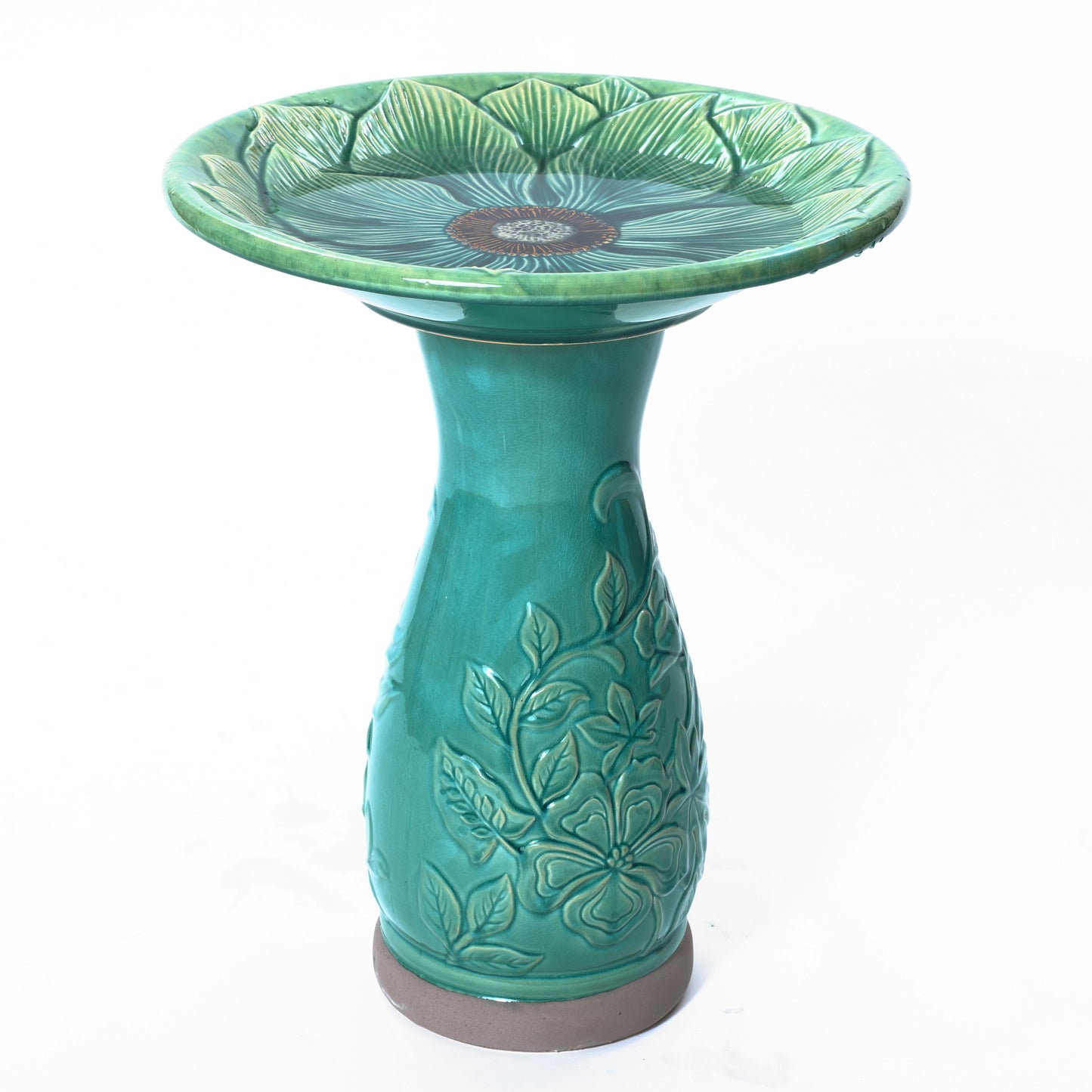 LuxenHome 23 Inch Ceramic Bird Bath for Outside, Elegant Tall Outdoor BirdBath with Floral Embossed Design