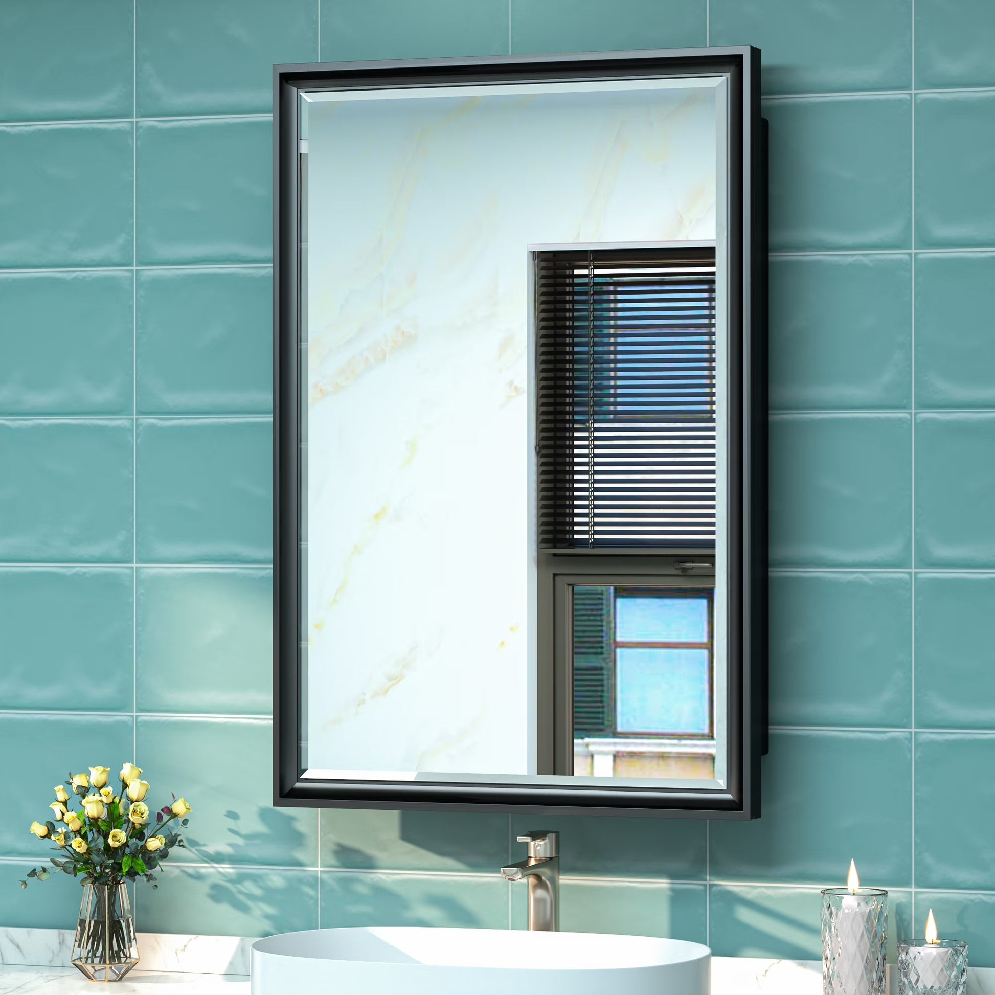 Keonjinn Bathroom Metal Framed Medicine Cabinets with Mirror, 16 x 24 inch Black Wall Cabinets, Rectangle Recessed/Wall Mounted Storage Cabinets