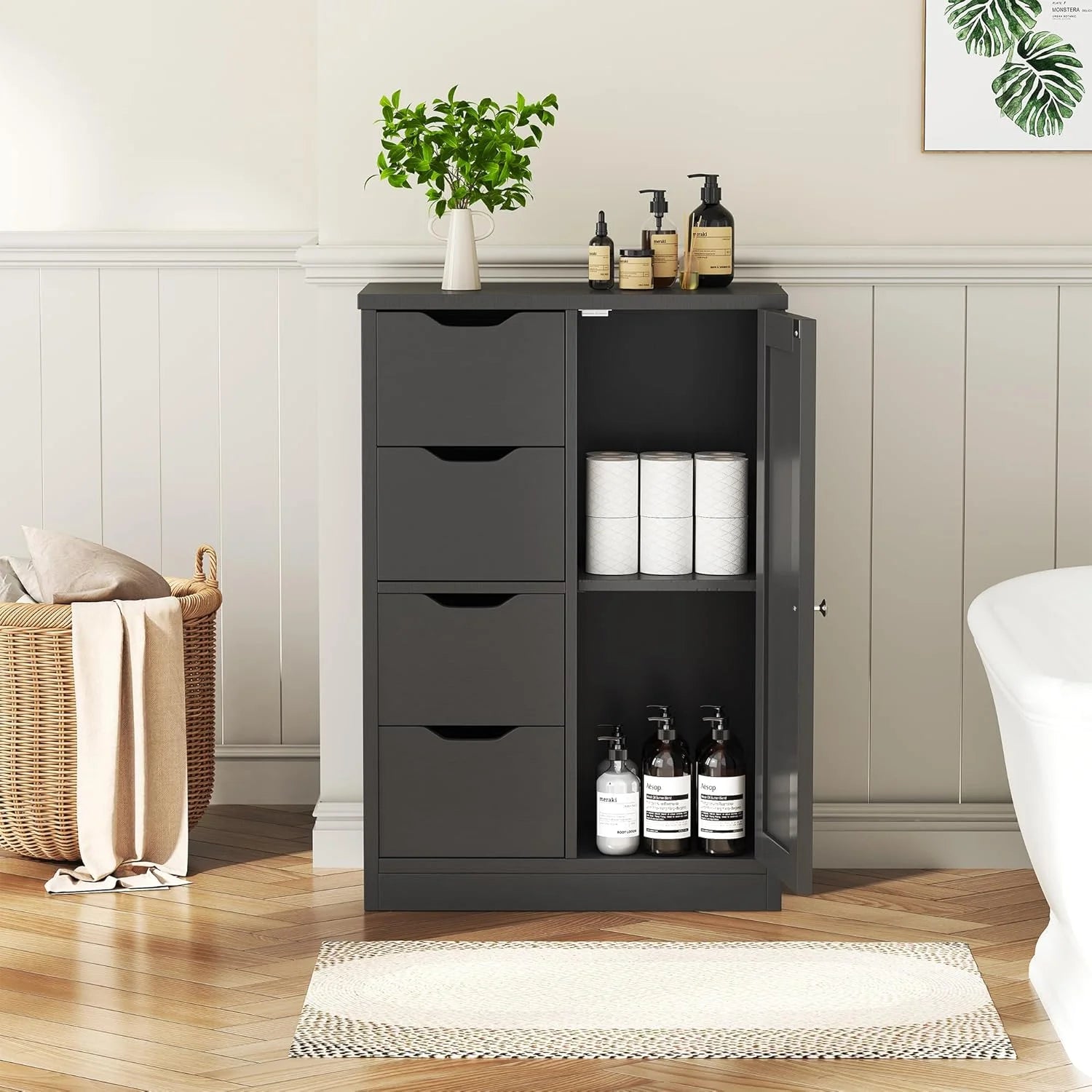 Vongrasig Farmhouse Freestanding Pantry Cabinet with 2 Drawers and Shelves, Wooden Storage Organizer for Bathroom, Living Room, Grey