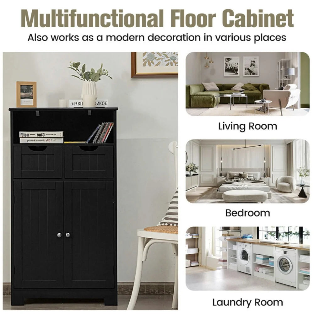 Spaco Bathroom Wooden Side Cabinet with 2 Drawers and 2 Doors-Black, Bathroom Storage Cabinet for Entryway Storage, Home Office Furniture