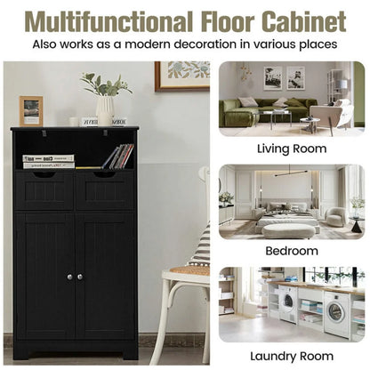Spaco Bathroom Wooden Side Cabinet with 2 Drawers and 2 Doors-Black, Bathroom Storage Cabinet for Entryway Storage, Home Office Furniture