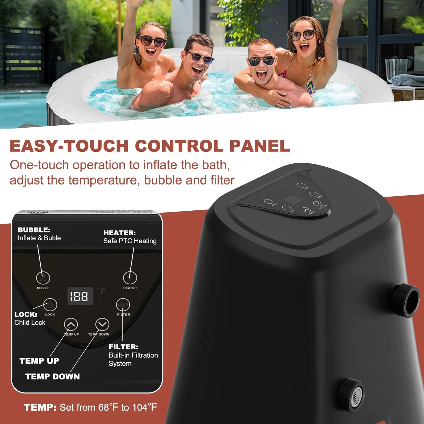MOPHOTO 72" X 72" X 25" 2-4 Person Inflatable Hot Tub, Large Portable Round Hot tub with 120 Bubble Jets, Outdoor Bathtub Spa Set Included Heater Pump, Filter and Spa Cover