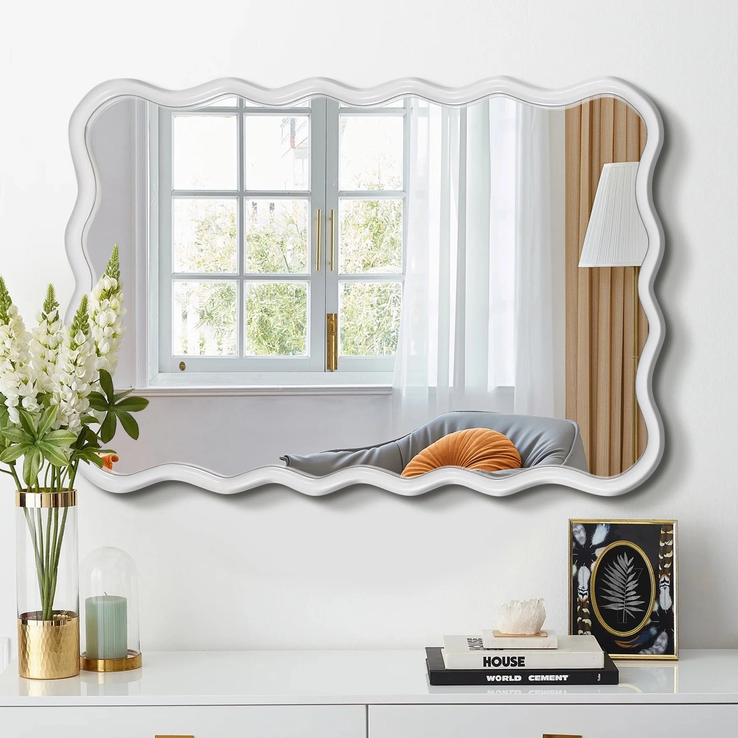 Solid Wood Wavy Frame Modern Mirror - 40x28 Inches Durable Farmhouse Wall Decor for Bathroom, Living Room & Entryway with Easy Install