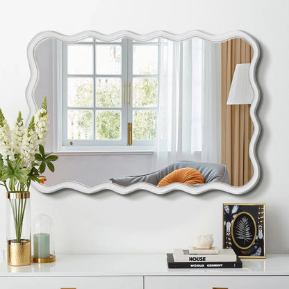 Solid Wood Wavy Frame Modern Mirror - 40x28 Inches Durable Farmhouse Wall Decor for Bathroom, Living Room & Entryway with Easy Install