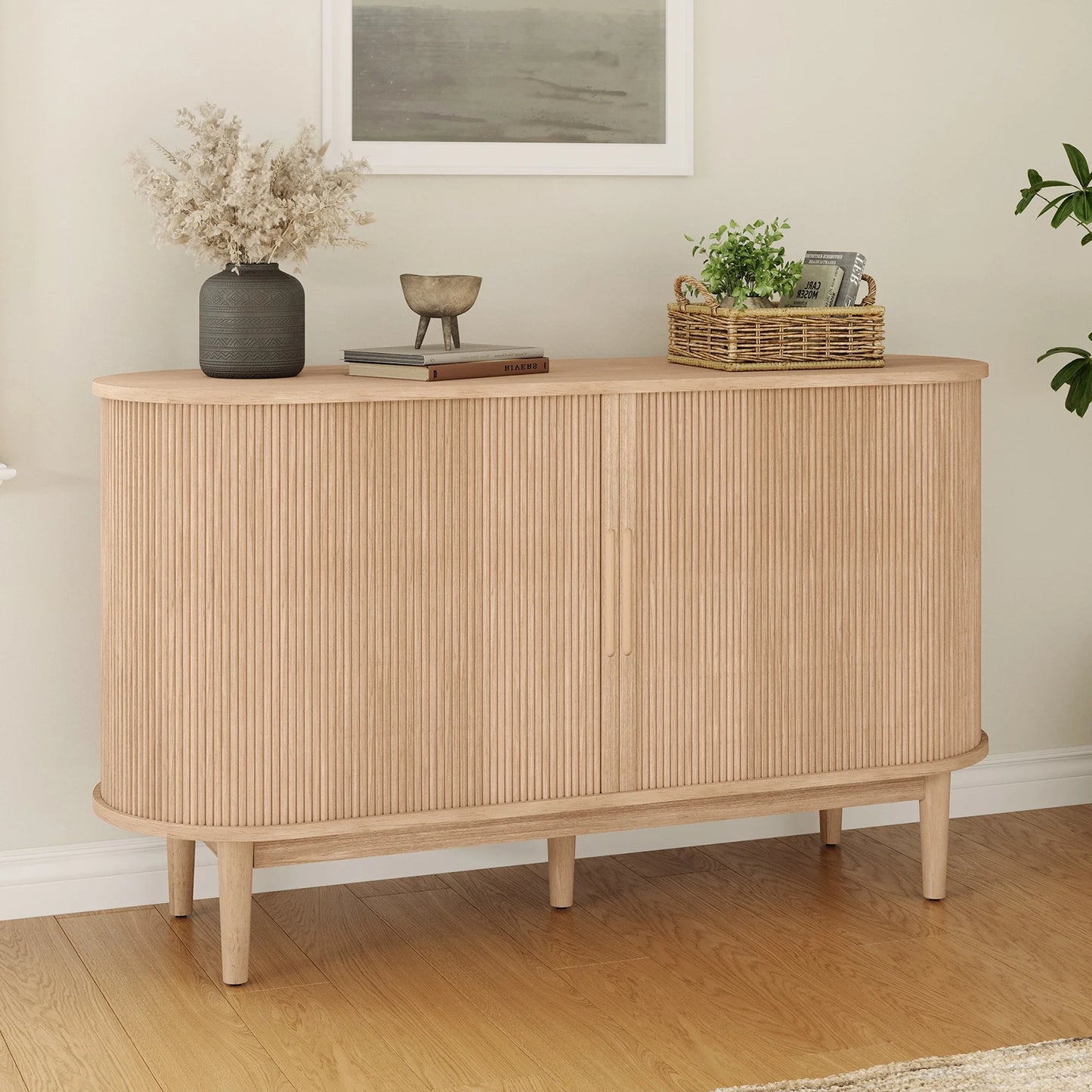 LINSY HOME Fluted Pantry Storage Cabinet, Kitchen Cabinets with Sliding Tambour Door, Wide Storage Cabinet with Removable & Adjustable Shelves for Dining Room, Living Room, Bathroom, Oak