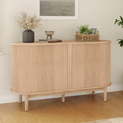 LINSY HOME Fluted Pantry Storage Cabinet, Kitchen Cabinets with Sliding Tambour Door, Wide Storage Cabinet with Removable & Adjustable Shelves for Dining Room, Living Room, Bathroom, Oak