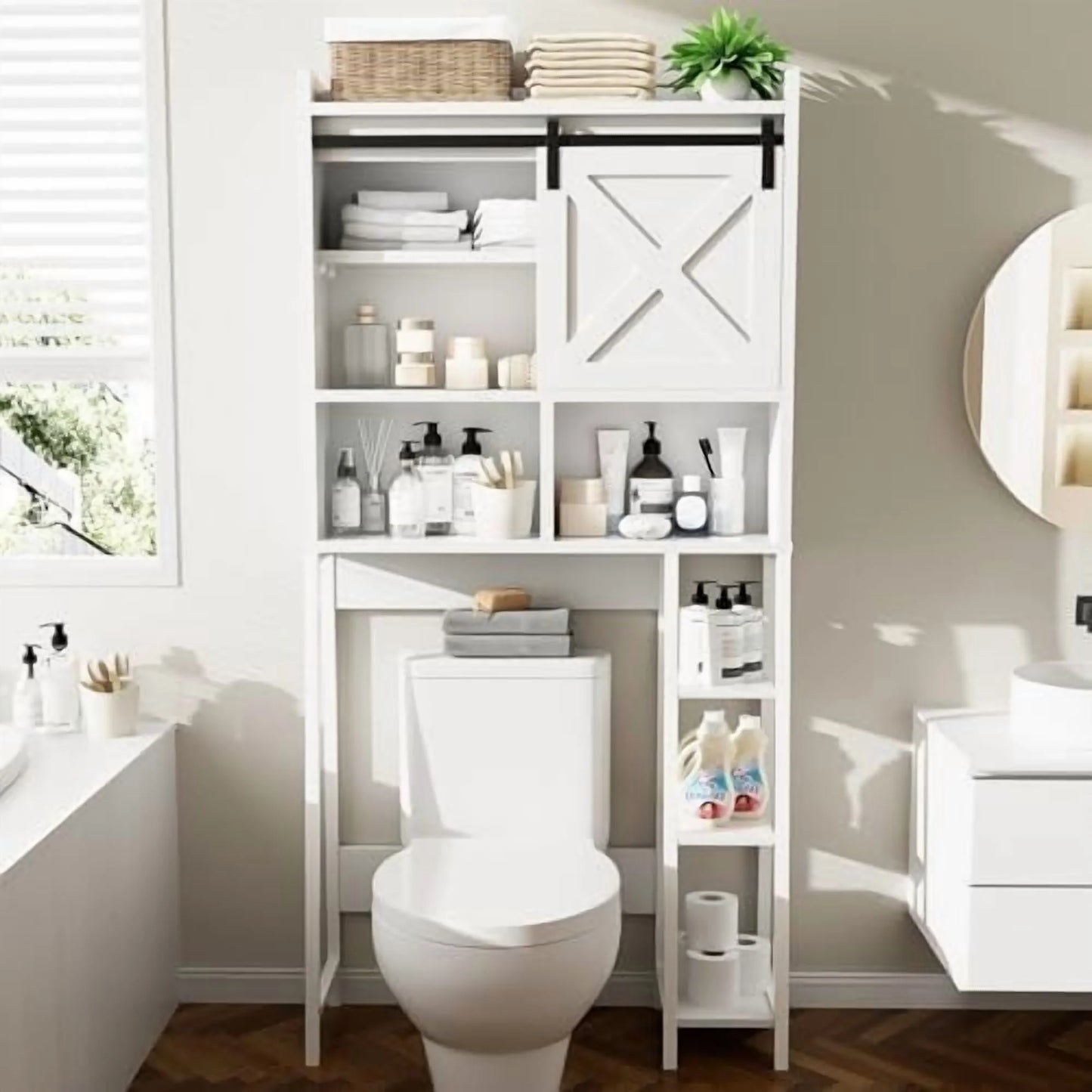 Over The Toilet Storage Cabinet, Farmhouse Storage Cabinet Over Toilet with Sliding Barn Doors, Freestanding Bathroom Organizer Shelf Space Saving, Grey