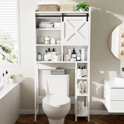 Over The Toilet Storage Cabinet, Farmhouse Storage Cabinet Over Toilet with Sliding Barn Doors, Freestanding Bathroom Organizer Shelf Space Saving, Grey