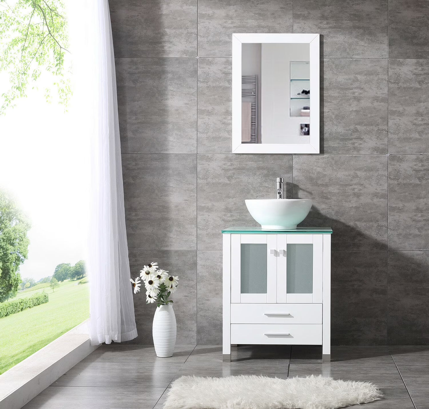 Wonline 24" Bathroom Vanity Cabinet Ceramic Sink Faucet Drain Combo w/ Mirror Set White