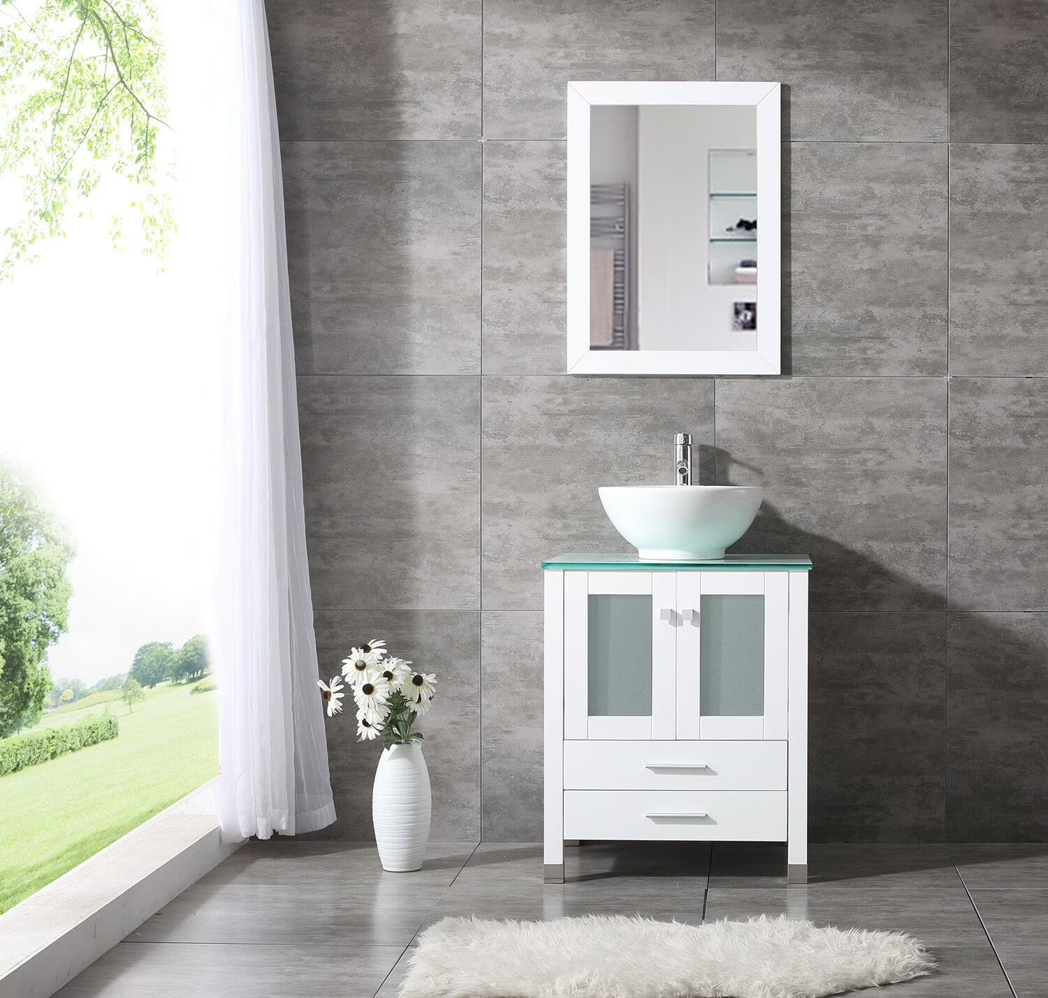 Wonline 24" Bathroom Vanity Cabinet Ceramic Sink Faucet Drain Combo w/ Mirror Set White