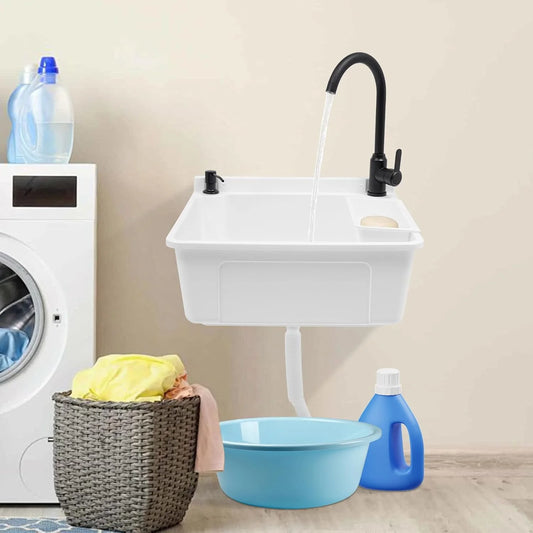 Wall-Mounted Utility Sink Tub Kit with Aluminum Alloy Faucet and Soap Box,Black Anti-clogging Laundry Sink for Bathrooms, Sundry Rooms, Garages(White)