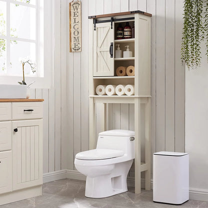OKD Farmhouse Over The Toilet Bathroom Organizer, Freestanding Storage Cabinet with Sliding Barn Door, Bathroom Space Saver Toilet Stands(Antique White)