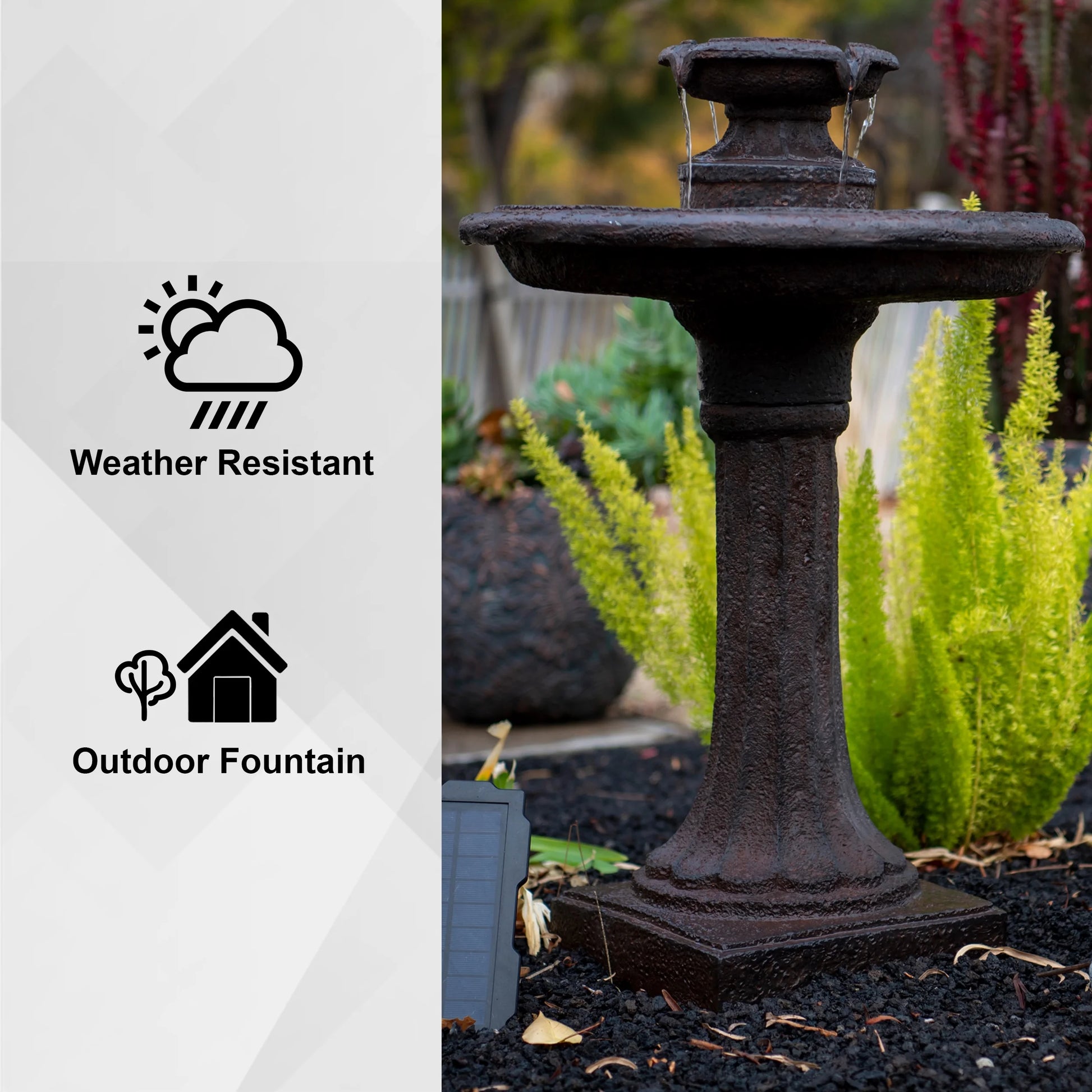 XBrand 28" Solar Water Fountain, 1-Tier, Outdoor Birdbath, Brown Resin, With Solar Panel, Solar Pump, Lawn and Garden, Garden Décor, Garden Water Feature