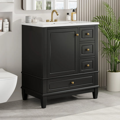 Euroco 30" Bathroom Vanity with Sink, One Door with Shelf and Three Drawers, Soft Close Door