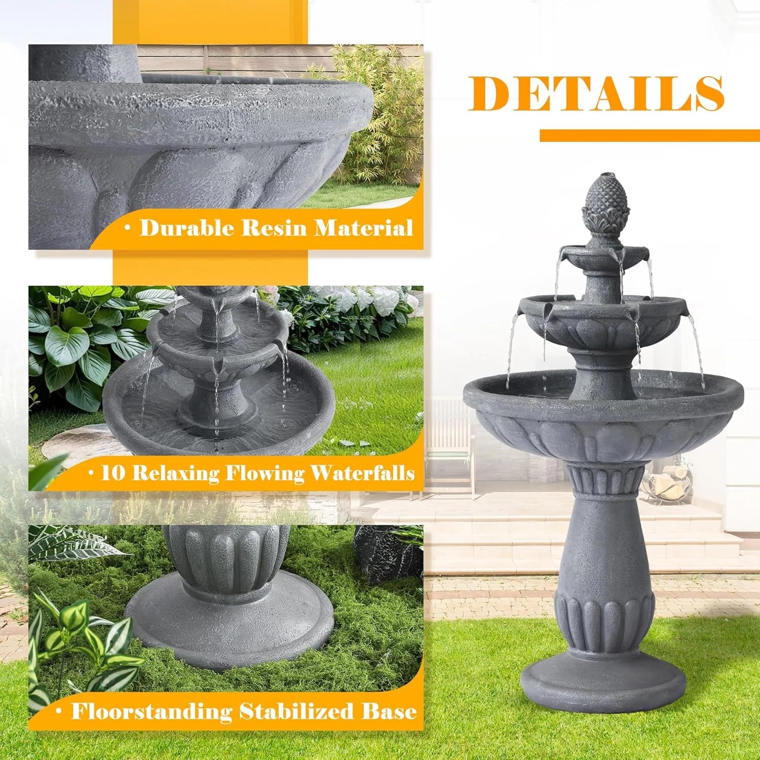 Haverchair 40.6" High Large Italian Outdoor Water Fountain, 3-Tier Standing Bubbler Waterfalls Fountain with Pineapple Top and Roman Pillar, Resin Garden Water Fountains for Bird Bath Patio Yard Deck