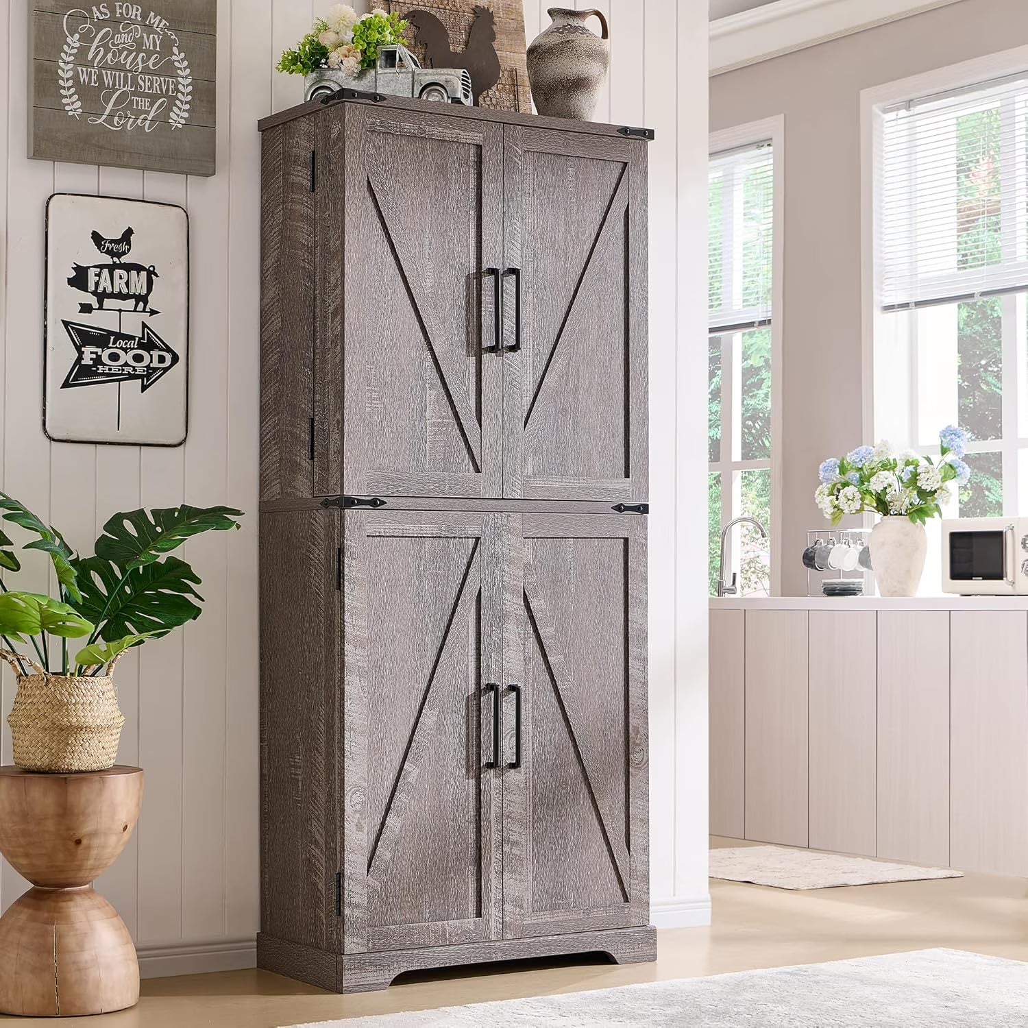 47" Kitchen Pantry, Farmhouse Storage Cabinet with Barn Doors, Organizer and Adjustable Shelves, Rustic Wood Cupboard for Kitchen, Dining Room, Bathroom and Hallway, Black