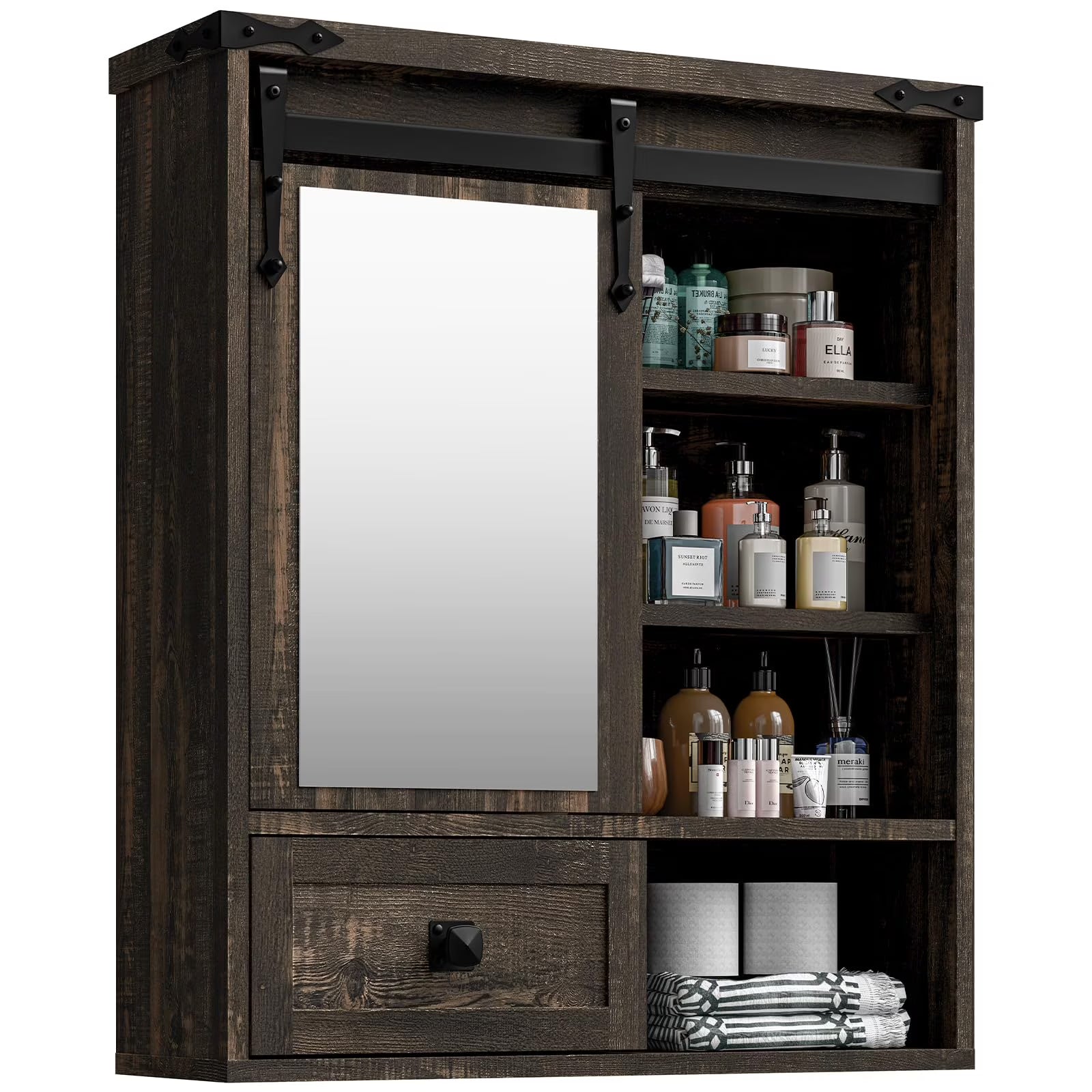 Vabches Farmhouse Bathroom Wall Storage Cabinet with Sliding Mirror Door, Adjustable Shelves, Over The Toilet Storage, Dark Rustic Oak