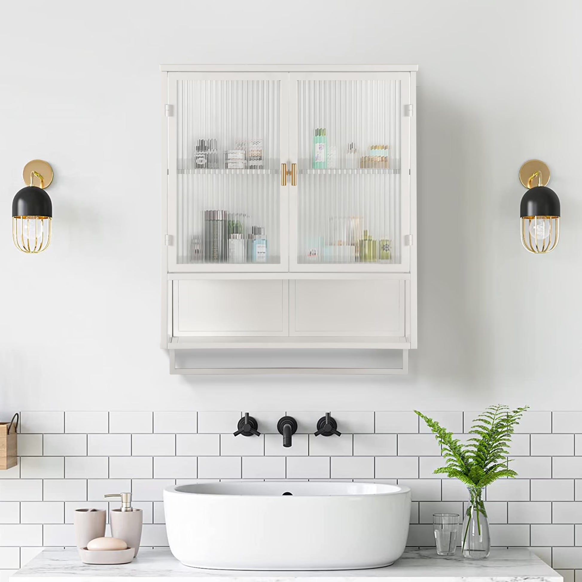 Bathroom Wall Cabinet, Over The Toilet Storage Cabinet with Open Shelf & Towel Rack, Bathroom Cabinet Wall Mount in Metal, Medicine Cabinets for Bathroom, Living Room, Laundry Room, White