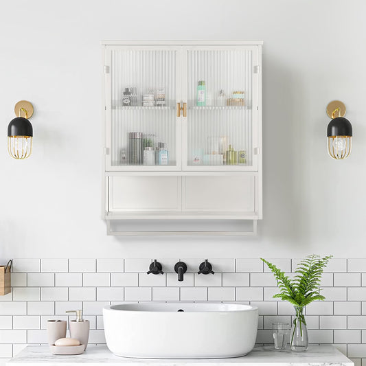 Bathroom Wall Cabinet, Over The Toilet Storage Cabinet with Open Shelf & Towel Rack, Bathroom Cabinet Wall Mount in Metal, Medicine Cabinets for Bathroom, Living Room, Laundry Room, White