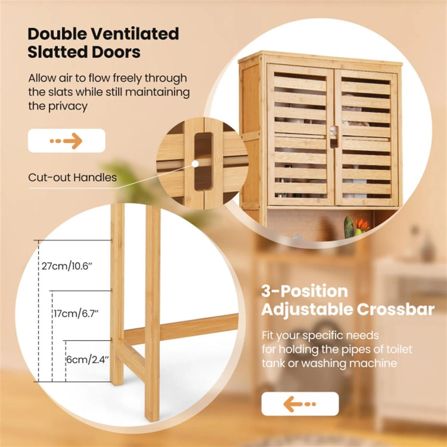 Finihen Bamboo Over The Toilet Storage Cabinet, Tall Bathroom Cabinet Organizer with Cupboard and Adjustable Shelves for Laundry Room, Balcony, Natural
