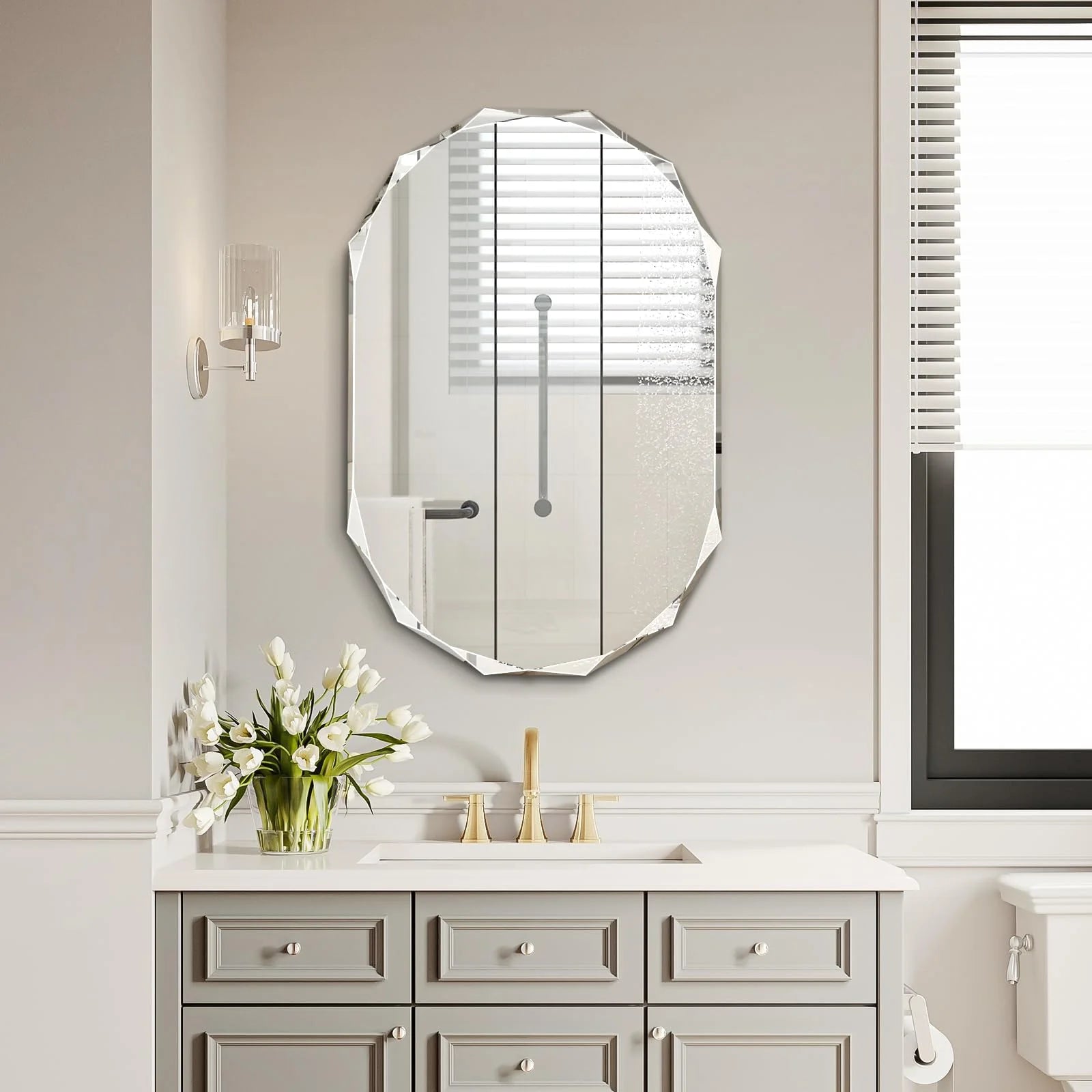 Pregaspor Single Beveled Edge Bathroom Vanity Mirror, 23.6" x 35.4" Oval Wall Mirror, Shatterproof Frameless Mirror for Over Sink, Restroom