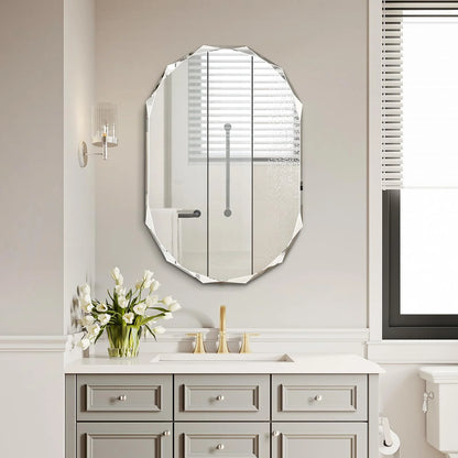 Pregaspor Single Beveled Edge Bathroom Vanity Mirror, 23.6" x 35.4" Oval Wall Mirror, Shatterproof Frameless Mirror for Over Sink, Restroom