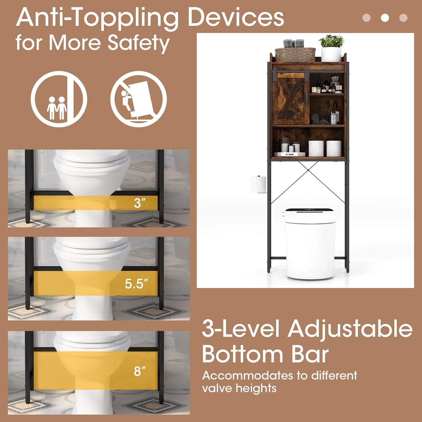 Topbuy Over The Toilet Storage Cabinet 4-Tier Bathroom Organizer w/ Adjustable Shelves Sliding Barn Door & Toilet Paper Holder Rustic Brown