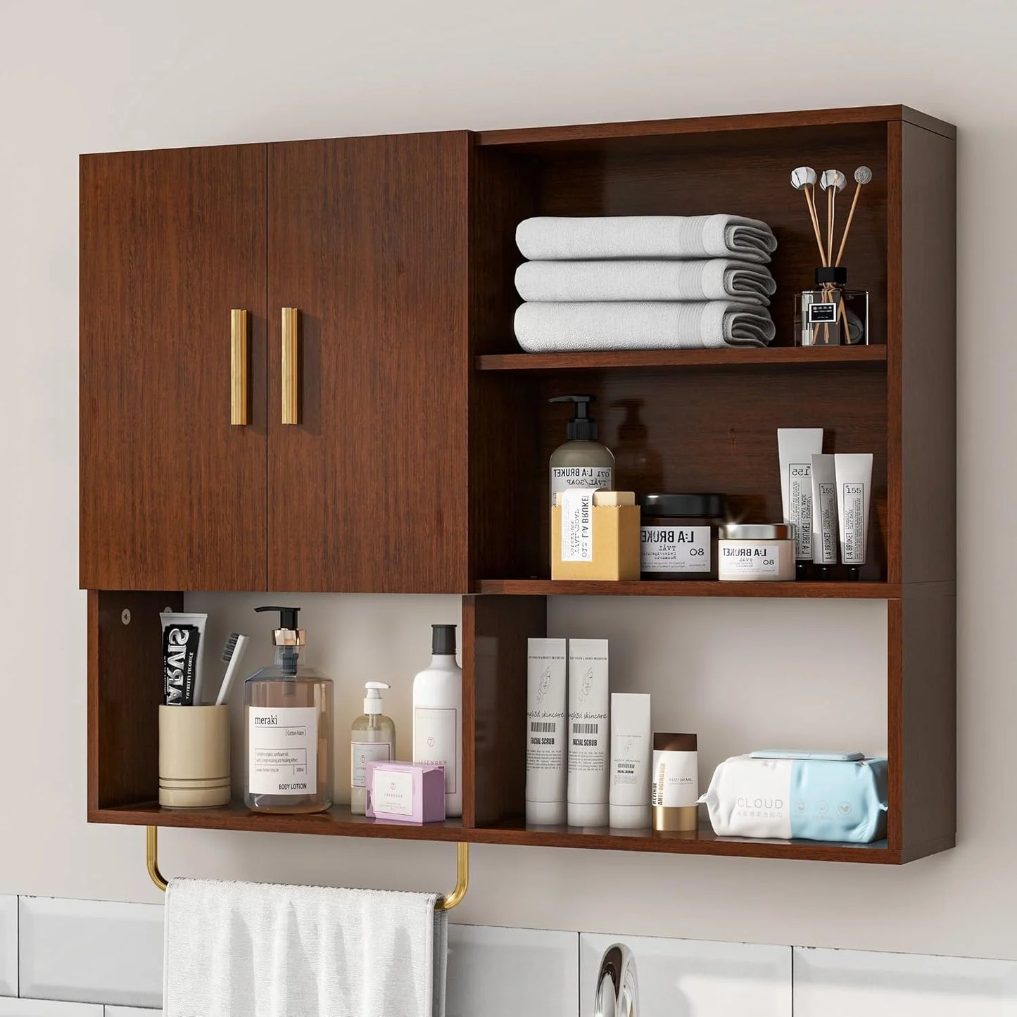 Bathroom Wall Cabinet Solid Wood Large Wall Mounted Medicine Cabinet with 2 Doors and 4 Open Shelves Over Toilet Storage Cabinet with Towel Bar (White)