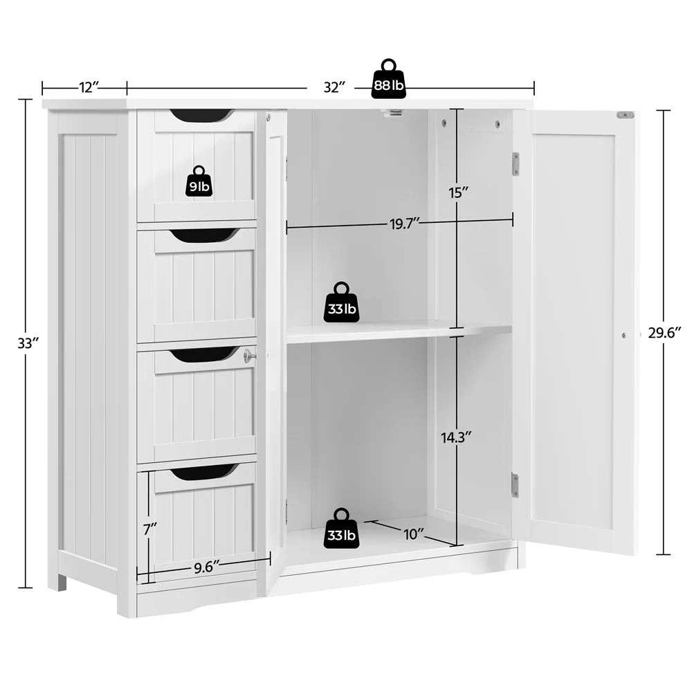 Alden Design Bathroom Floor Storage Cabinet, White, 12''