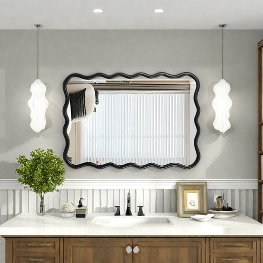 Large 40"x28" Solid Wood Rectangle Mirror in Antique Black - Modern Wall Decor for Home, Living Room, Bedroom, and Bathroom