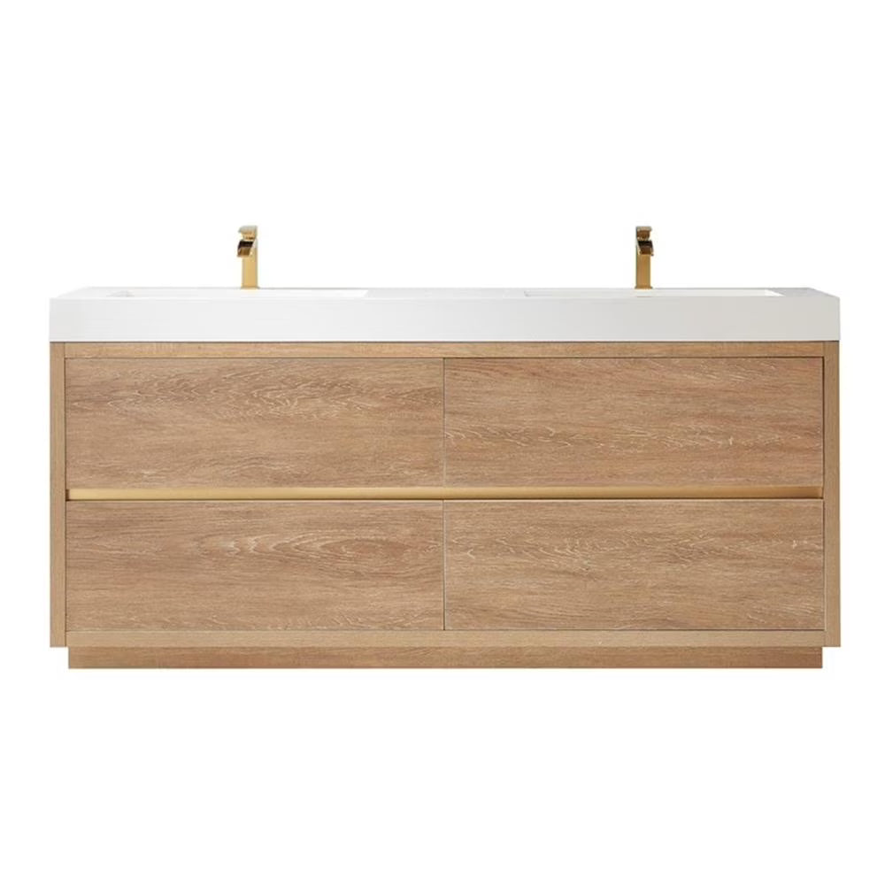 Huesca 72" Double Sink Bathroom Vanity Natural Oak Wood White Top No Mirror