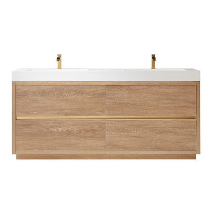 Huesca 72" Double Sink Bathroom Vanity Natural Oak Wood White Top No Mirror