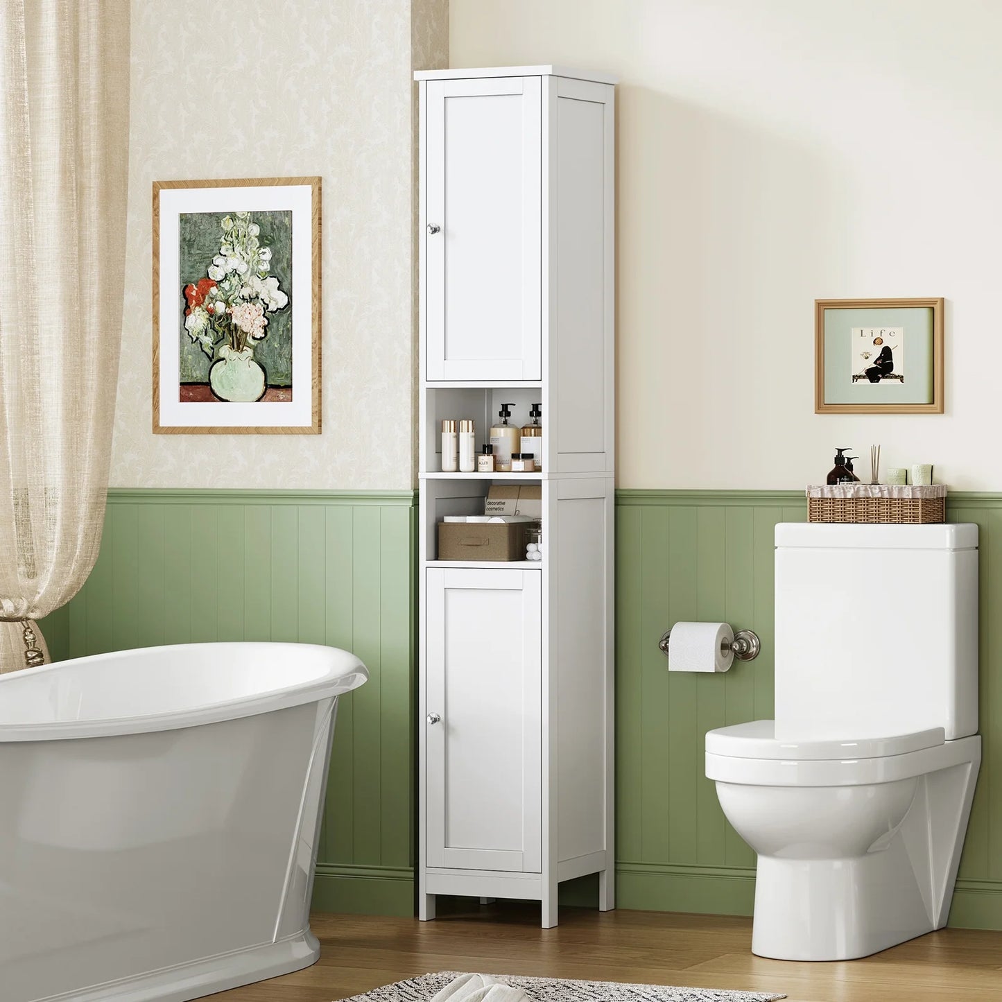 67" Tall Bathroom Cabinet with Adjustable Shelves and Doors, Bathroom Storage Cabinet for Small Space, Living Room, Entryway, Kitchen, White