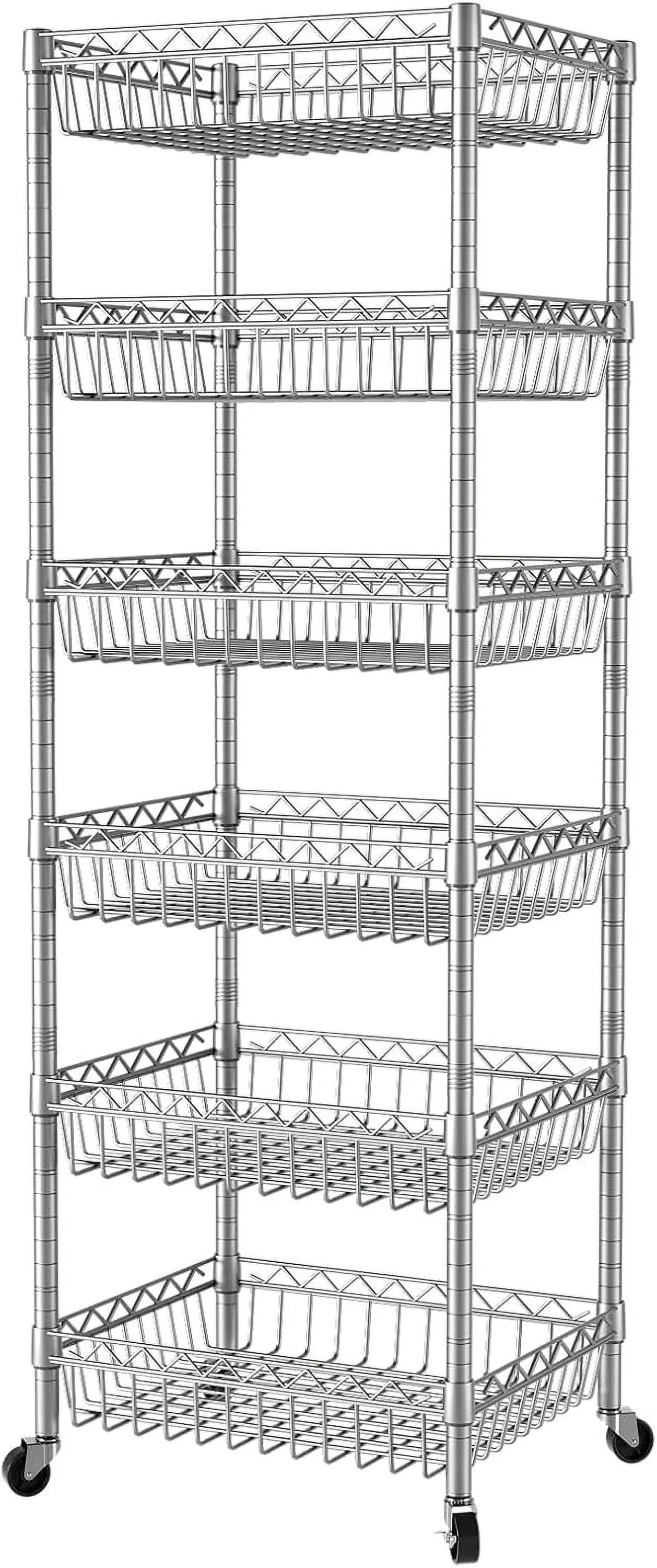 6 Tier Wire Shelving Unit with Wheels Baskets Storage Rack Corner Shelves Adjustable Shelf Closet Bathroom Organizers Metal Pantry Kitchen Garage Laundry Room 13.5" D x 13.5" W x 63" H Silver
