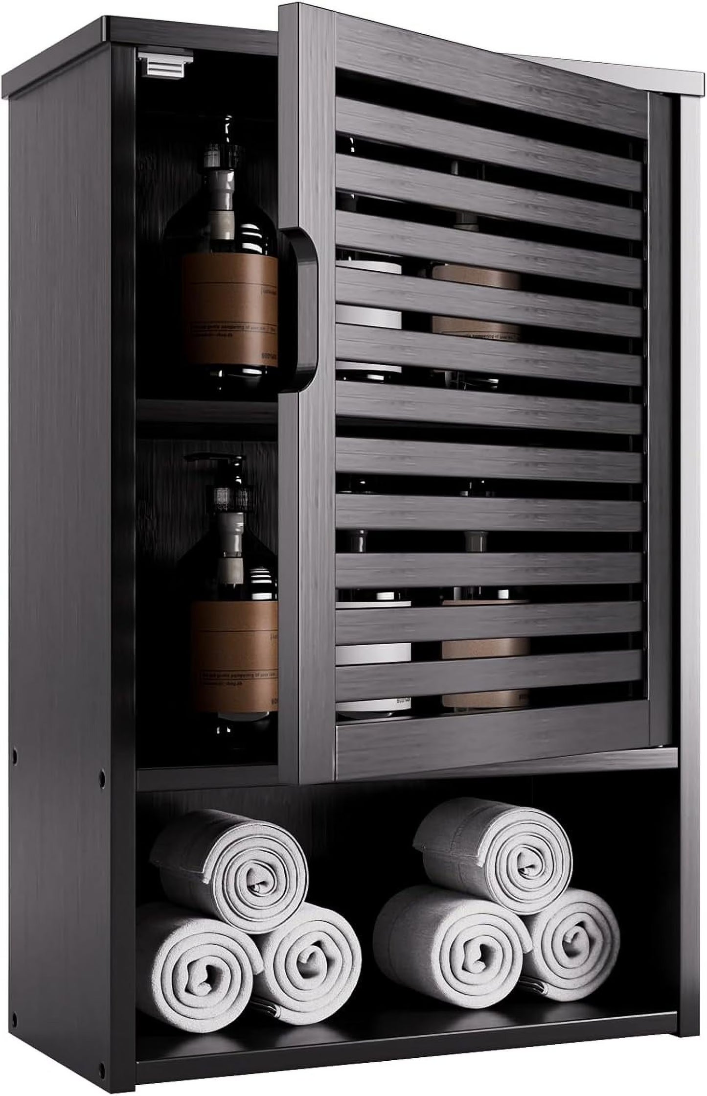 Bathroom Storage Cabinet Wall Mounted, Hanging Medicine Cabinet with Adjustable Shelf, Over The Toilet Space Saver Organizer, Black Bamboo Kitchen Cupboard, Single Door