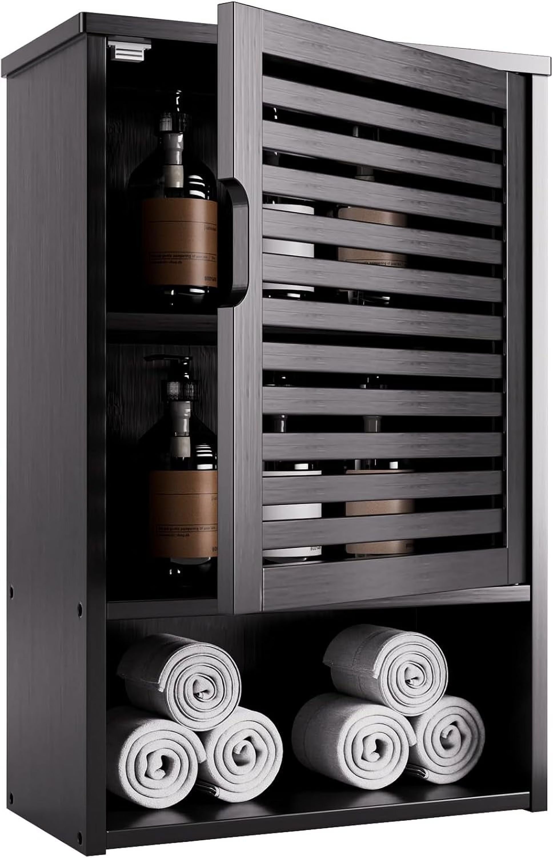 Bathroom Storage Cabinet Wall Mounted, Hanging Medicine Cabinet with Adjustable Shelf, Over The Toilet Space Saver Organizer, Black Bamboo Kitchen Cupboard, Single Door