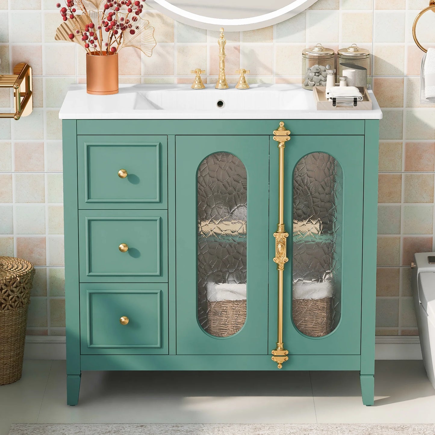 Euroco 36-inch Bathroom Vanity with 2 Soft Close Doors, Solid Wood Frame Modern Bathroom Storage Cabinet with 3 Drawers