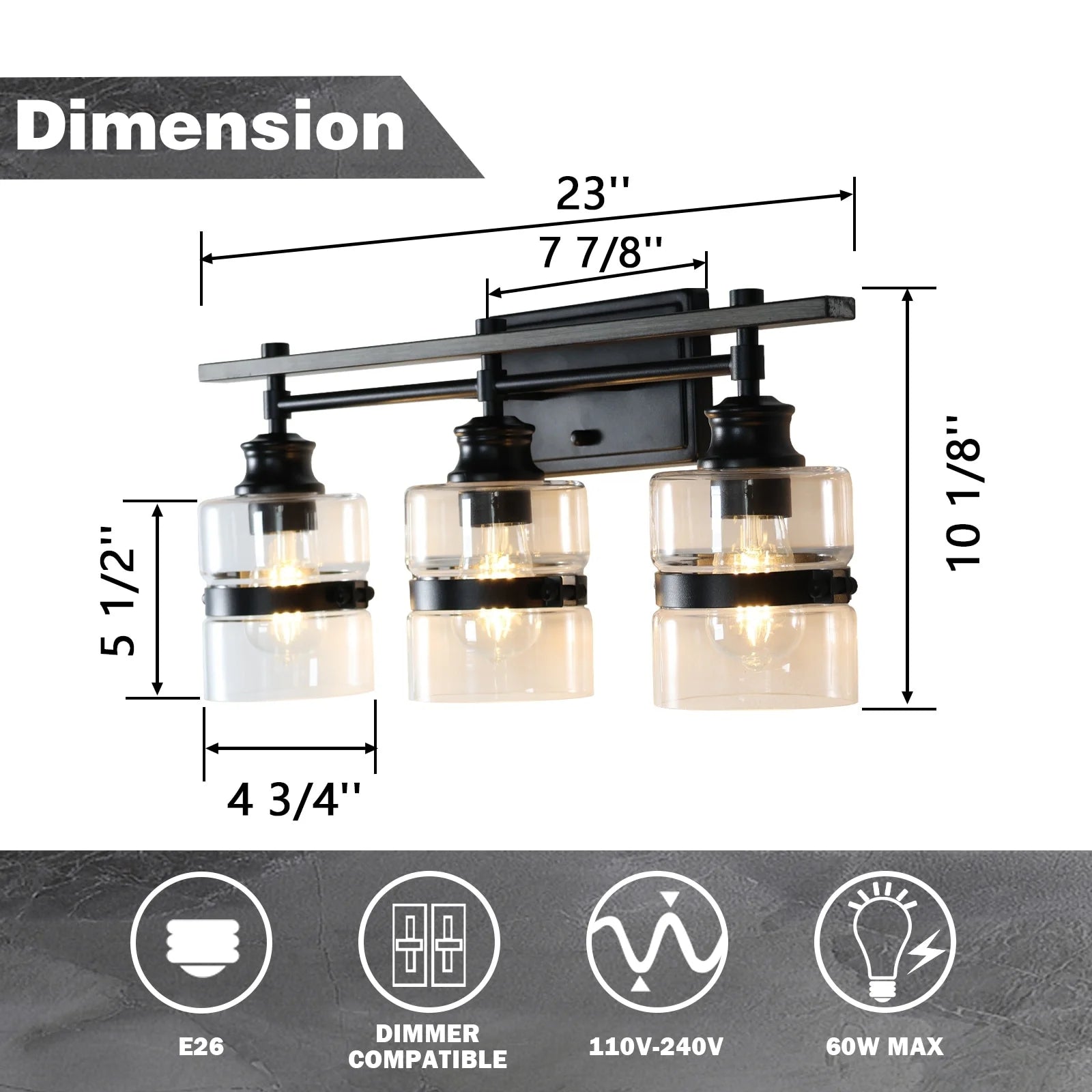 ExBrite 3-lights Bathroom Dimmable Black Vanity Lights Modern Wall Sconce Lighting Black 3-Lights Polished 13 to 24 Inches 4 to 8 Inches