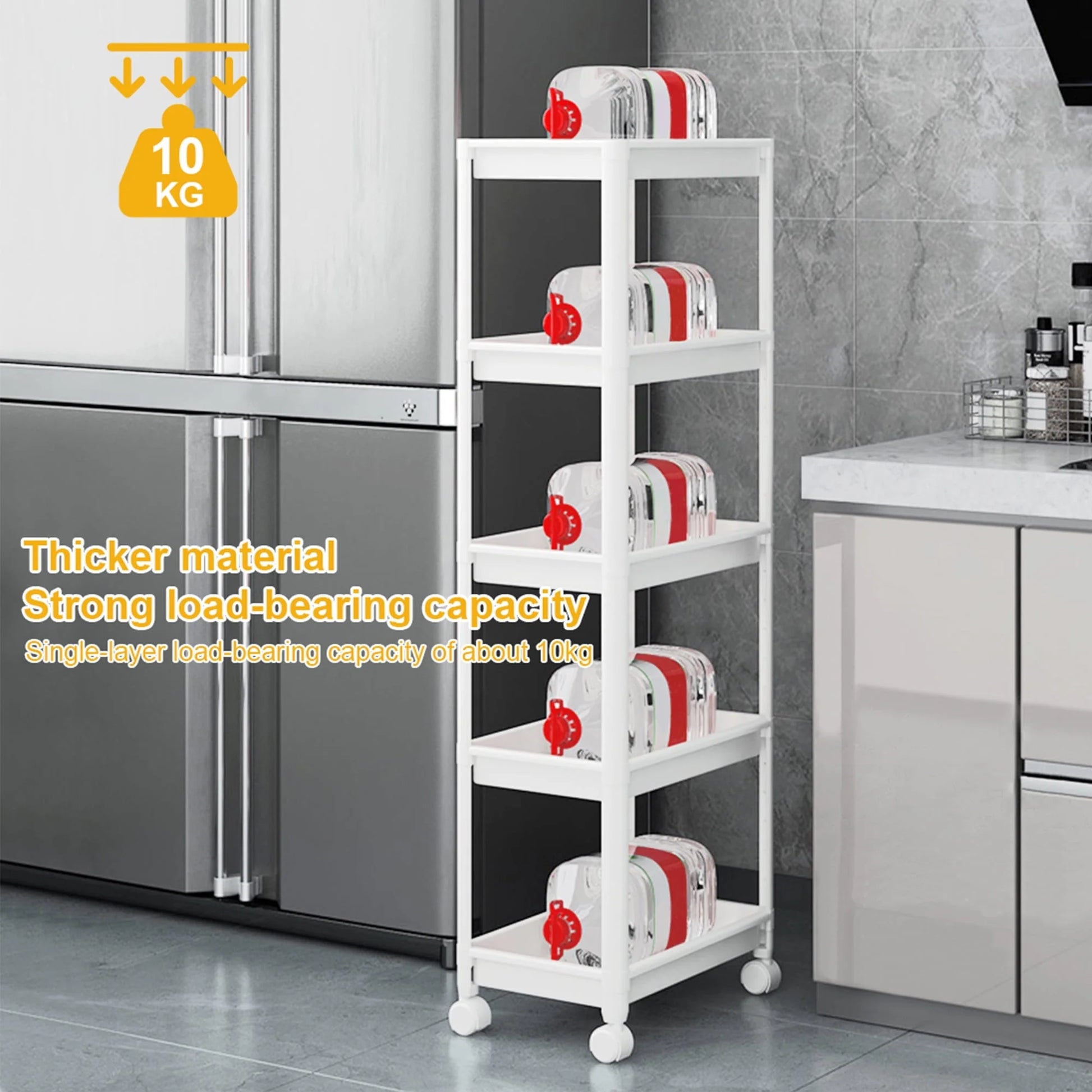 Untyo 5-Tier Slim Bathroom Storage Cart with Rolling Wheels,Kitchen Rolling Utility Cart for Narrow Space, White