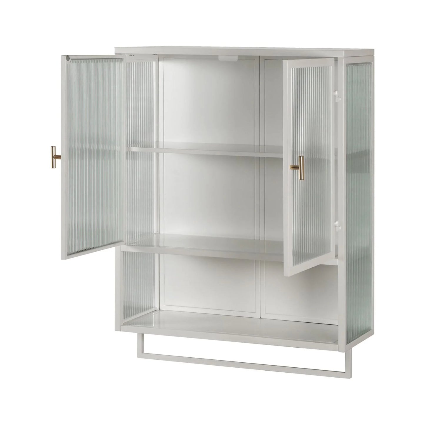 Two-door Wall Cabinet, Modern Kitchen Wall Mounted Cabinet with 2 Glass Doors, Two-tier Enclosed Storage, an Open Shelf, Towel Rack, Metal Wall Cabinet for Entryway, Living Room, Bathroom, White