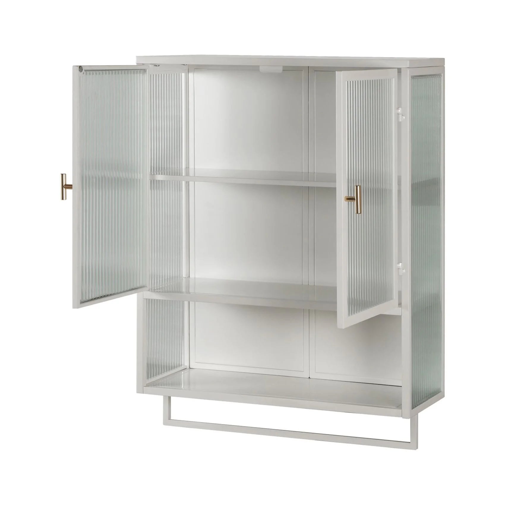 Two-door Wall Cabinet, Modern Kitchen Wall Mounted Cabinet with 2 Glass Doors, Two-tier Enclosed Storage, an Open Shelf, Towel Rack, Metal Wall Cabinet for Entryway, Living Room, Bathroom, White
