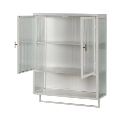 Two-door Wall Cabinet, Modern Kitchen Wall Mounted Cabinet with 2 Glass Doors, Two-tier Enclosed Storage, an Open Shelf, Towel Rack, Metal Wall Cabinet for Entryway, Living Room, Bathroom, White
