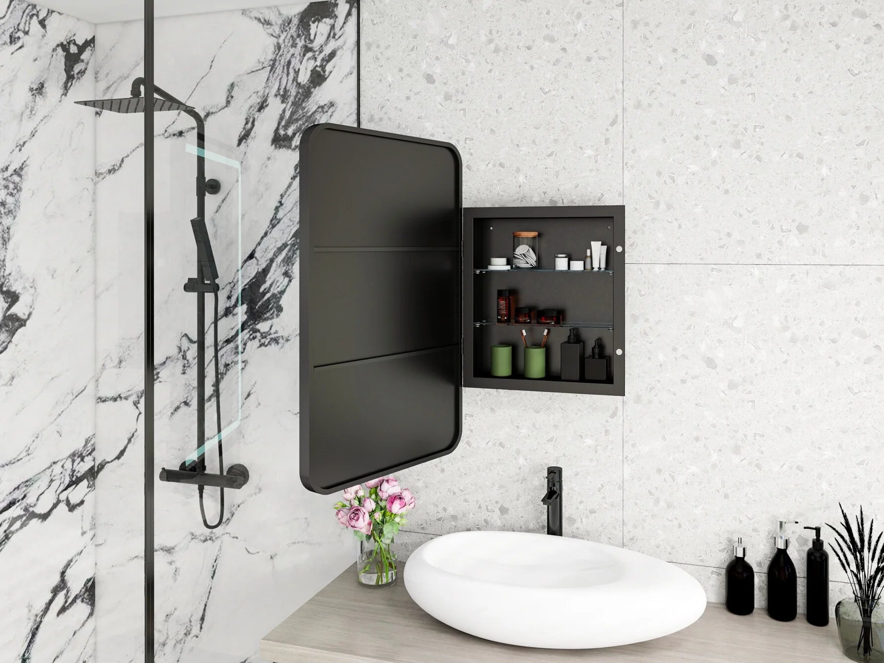 34-Inch Black Medicine Cabinet with Mirror, Wall-Mounted Bathroom Storage with Adjustable Glass Shelves & LED Lighting, Recessed or Surface Mount Design for Space-Saving Organization