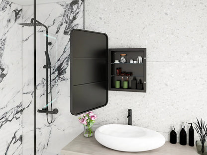 34-Inch Black Medicine Cabinet with Mirror, Wall-Mounted Bathroom Storage with Adjustable Glass Shelves & LED Lighting, Recessed or Surface Mount Design for Space-Saving Organization