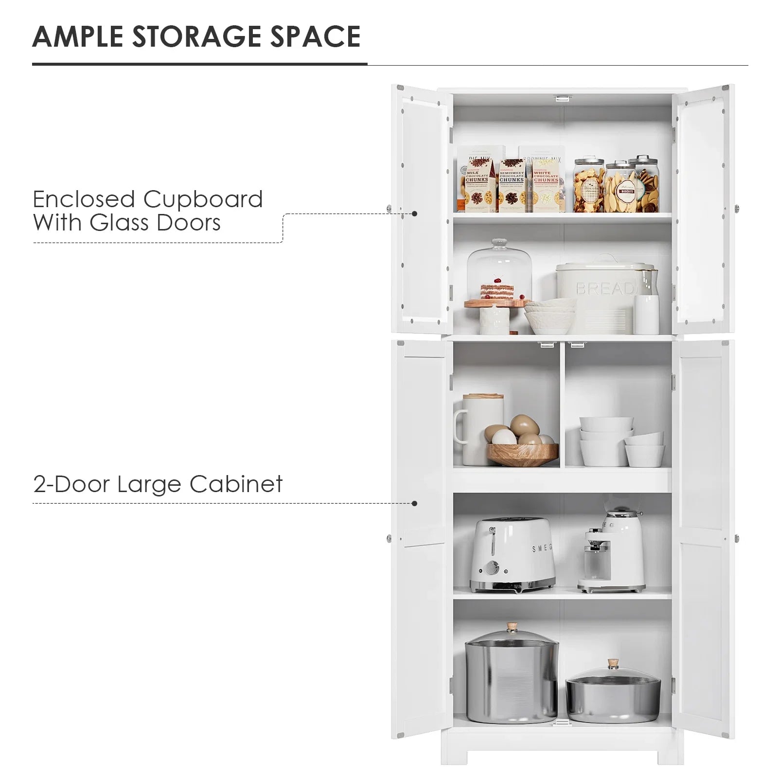 Homfa 67" Tall White Bathroom Storage Cabinet with Glass Doors, Farmhouse Freestanding Cupboard Storage Cabinet for Small Space
