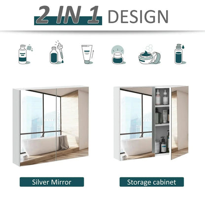 Barara King Bathroom Mirrored Cabinet, 24"x22" Steel Frame Medicine Cabinet, Wall-Mounted Storage Organizer with Double Doors, White