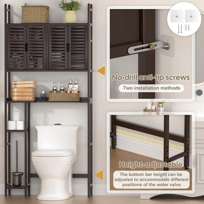 Over The Toilet Storage Cabinet with Paper Holder Stand,Bamboo Bathroom Organizer Shelf with Four Door and Waterproof Feet Pad,Space Saver Rack with Anti-Tip Design (Brown)